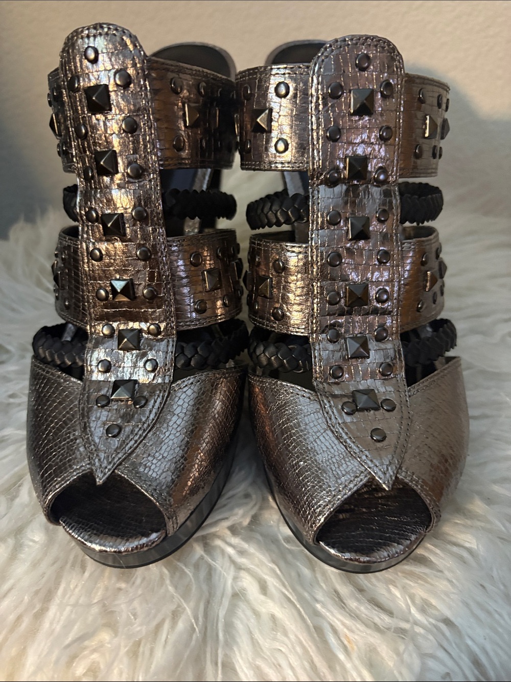Carlos Santana Metallic Bronze Studded Peep-Toe Heels with Braided Straps